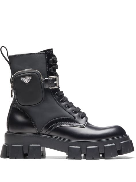 prada black leather flat boots|prada ankle pouch combat boots.